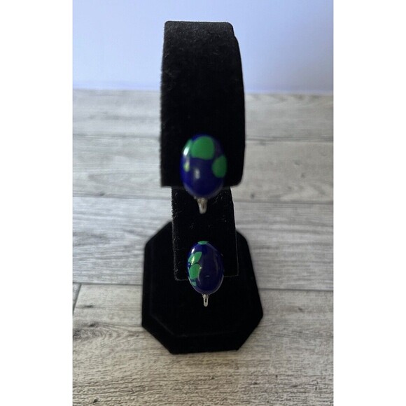 Azurite Malachite Clip On Silver Tone Earrings - Picture 2 of 5